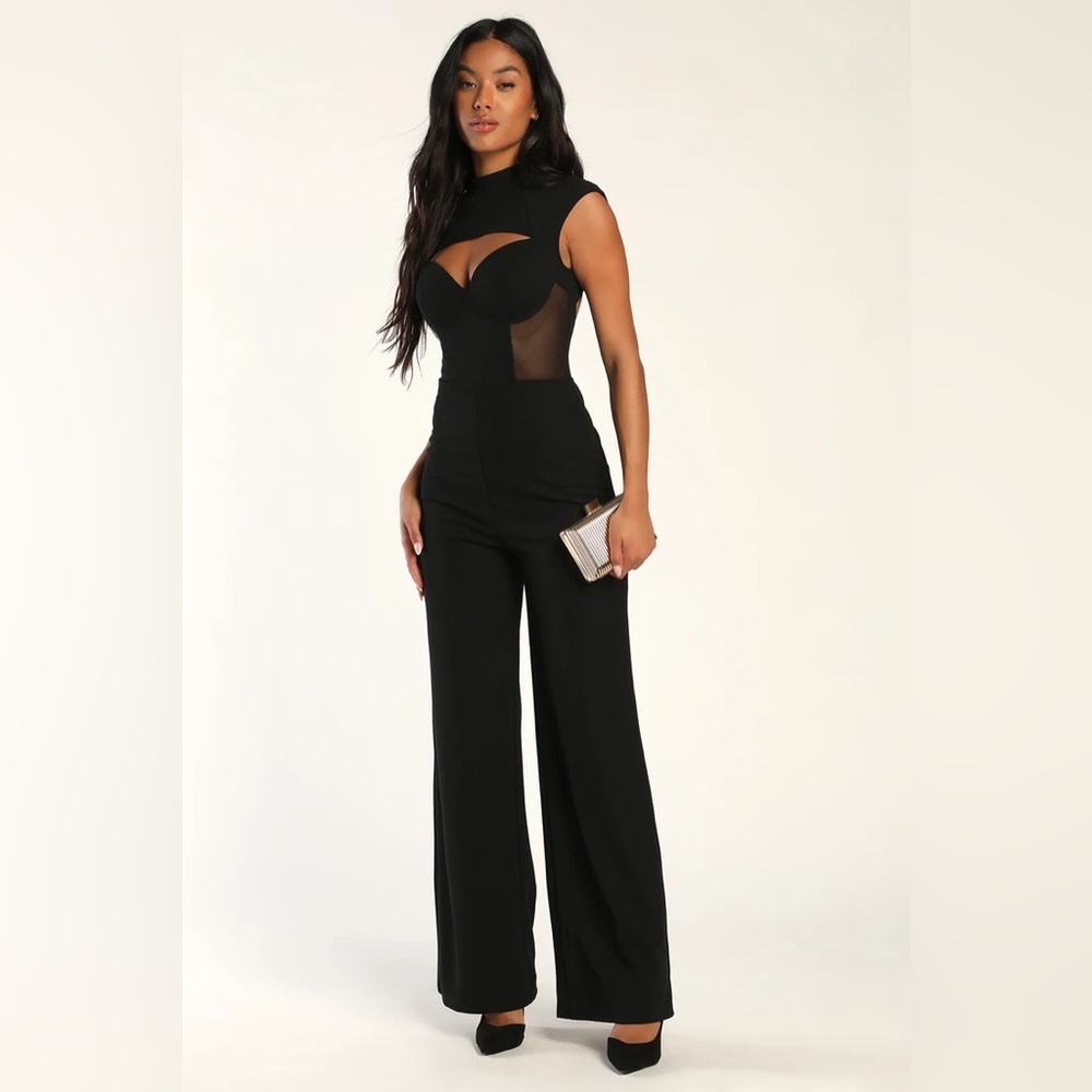 Lulus All The Allure Black Cutout Mesh Backless Jumpsuit- NWT XL
